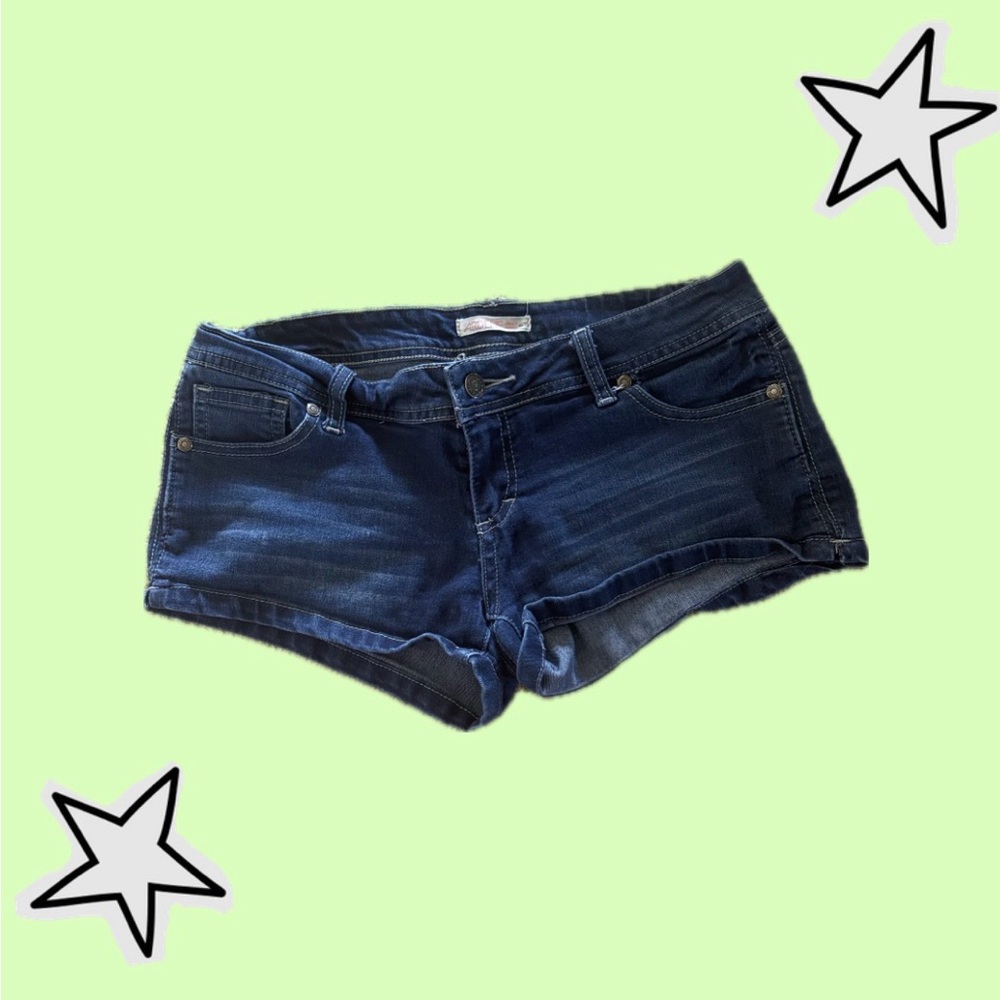 Low rise navy blue denim shorts
